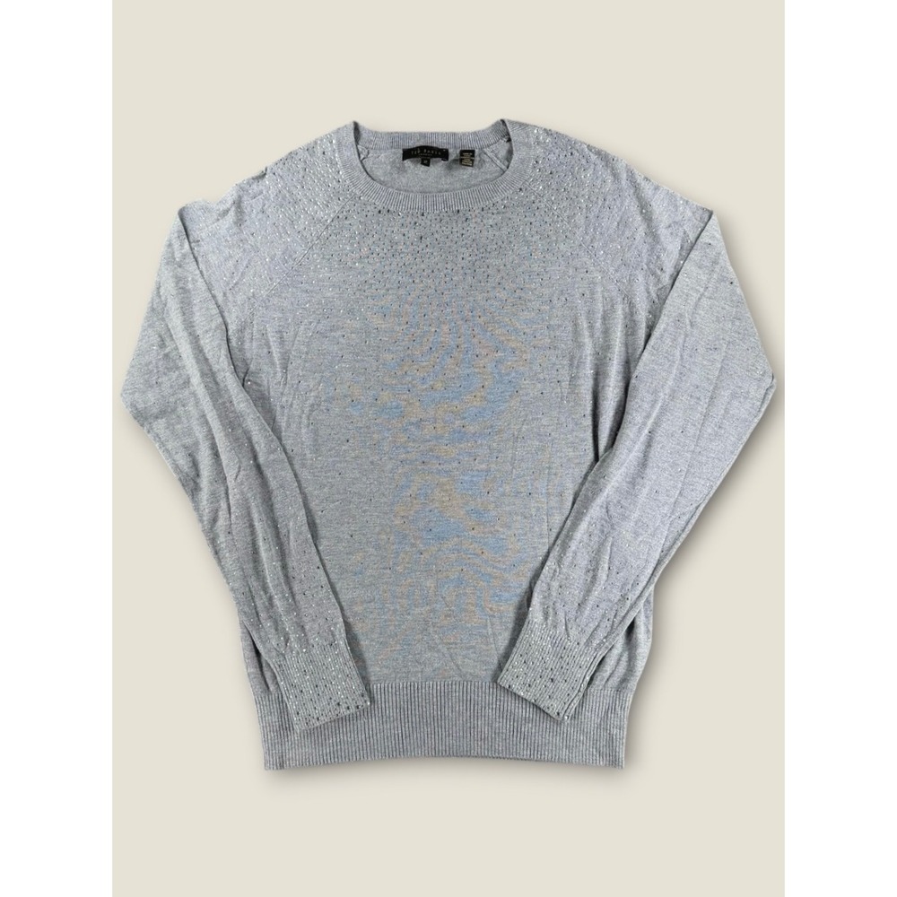 Ted Baker London Grey Rhinestone Embellished Cotton Cashmere Sweater Size 2